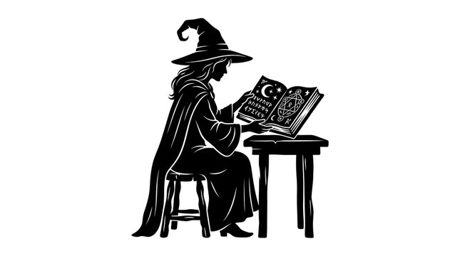 Black silhouette of a witch reading a magic spell book
