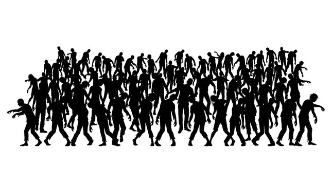 Large crowd of walking zombies silhouette illustration