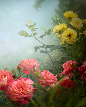 Fantasy garden with pink and yellow roses flowers in magical blooming misty fairy tale forest, fairytale floral foggy glade vertical background, beautiful tranquil landscape scene, dreamy atmosphere.