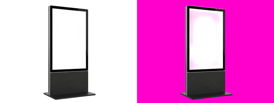 A vertical digital kiosk with a dark grey frame and a bright white screen, isolated on a white background, for retail and, public information use isolated on a transparent background