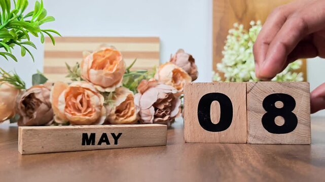 Hand placing wooden calendar blocks showing may 8 on a wooden table