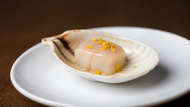 Isolated macro shot of fresh scallop sashimi (hotate) with lemon zest, served in a seashell, high contrast lighting, clean white plate, fine detail focus