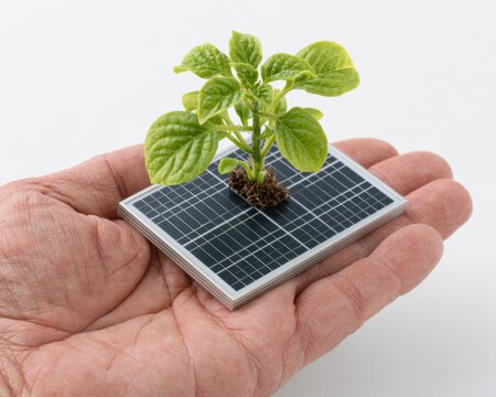 Hand Holding Solar Panel with Growing Plant