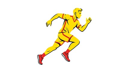 Obraz premium 3D superhero running in dynamic pose. Yellow and red futuristic action figure sprinting with energy and speed.