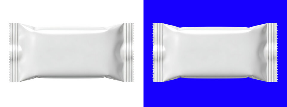 Blank white rectangular food packaging wrapper with crimped sealed edges, isolated on a white background, for product, branding and mockups isolated on a transparent background