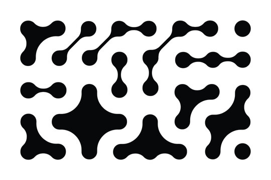 Black metaball shapes and organic blob on a white background, set of connected dots and fluid liquid forms