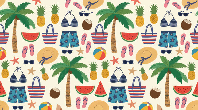 Tropical summer vacation seamless pattern featuring beach items like palm trees, pineapples, swimwear, and accessories.