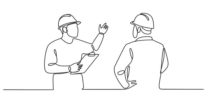 Continuous line drawing of two construction workers talking with a clipboard