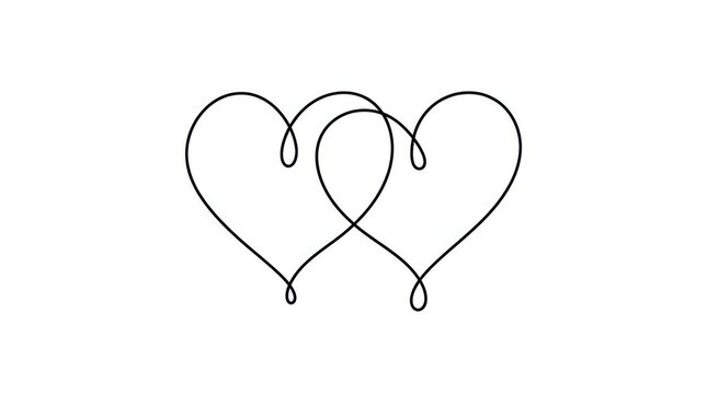 Two intertwined hearts drawn in a simple continuous black line style isolated on a white background for love design