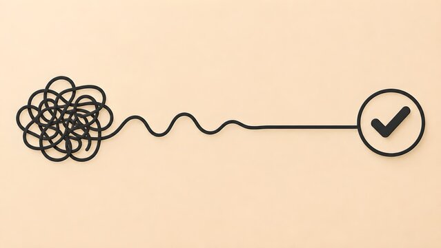 Unravelling complex business problems concept with minimal black tangled line turning to straight checkmark on beige background