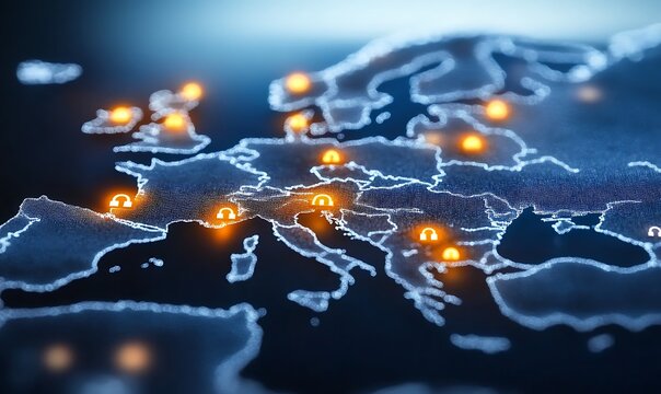 Digital map of Europe showing glowing security lock icons on various city locations.