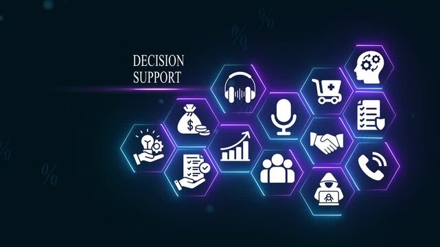 Decision support system concept with glowing hexagon for business strategy and data analytics business intelligence