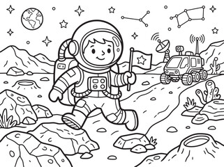 Cute astronaut walking on moon surface with flag and moon rover coloring page vector illustratio © Sultan12