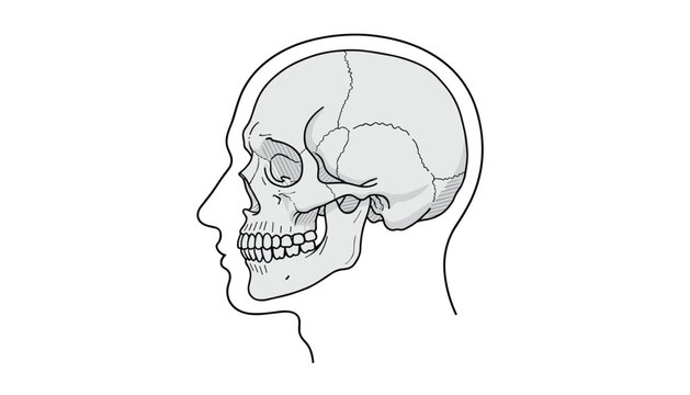Side view anatomical drawing of a human skull inside a head silhouette representing medical bone structure.