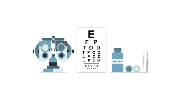 Optometry equipment setup featuring vision testing phoropter, snellen eye chart, and contact lens solution.