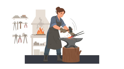 Fototapeta premium Female Blacksmith Working at Anvil with Hammer and Tongs in Forge with Fire and Tools