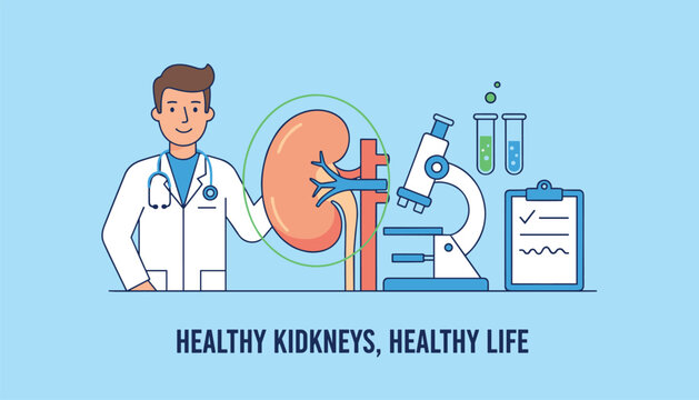 Friendly cartoon doctor standing next to a large kidney model and laboratory equipment to promote healthy kidney awareness.