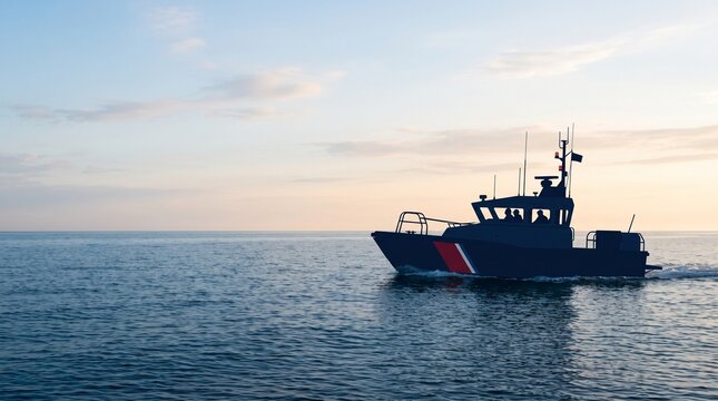 A patrol boat cruises across a calm sea under a serene sky
