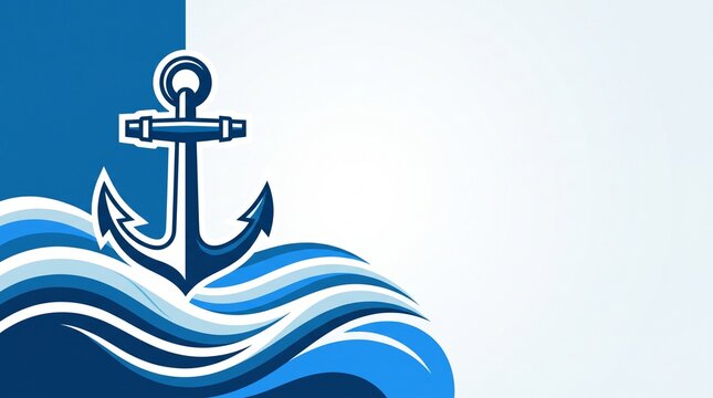 An anchor rests on stylized blue ocean waves against a split blue and white background, symbolizing maritime and seafaring adventure