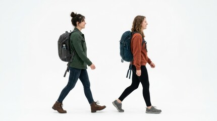 Naklejka premium Two young women with backpacks walking forward together in casual clothes isolated on a clean plain white background