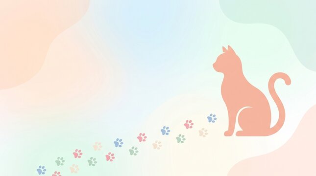 A minimalist illustration of a peach cat silhouette sitting in the foreground with a trail of paw prints leading away from it. The background features soft.