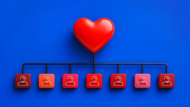3D red heart connected to multiple user profile icons representing customer relationship management and community engagement