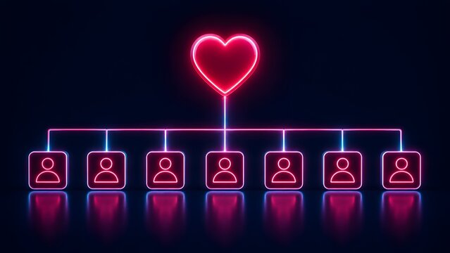 Glowing neon pink heart connected to user profile icons on a dark background representing digital dating app network and online romance
