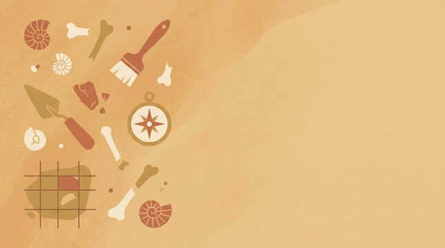 An archaeological dig scene featuring various tools and fossils scattered on a sandy surface, including brushes, trowels, a compass, bone fragments, and ammonites