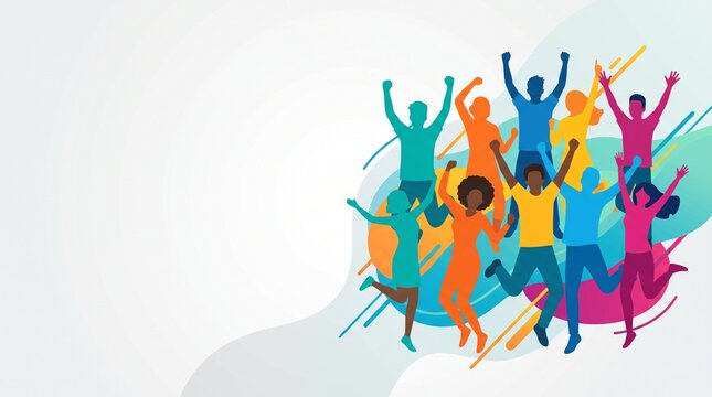 A diverse group of people in vibrant colors jumping with joy and excitement. The illustration depicts a sense of unity and celebration against a soft, abstract background