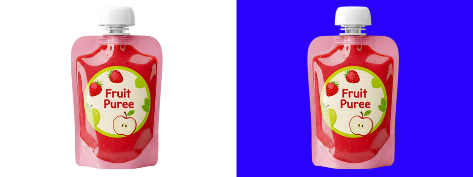 Single pouch of apple fruit puree with a screw cap, isolated on a white background, healthy snack packaging for kids and toddlers, food isolated on a transparent background