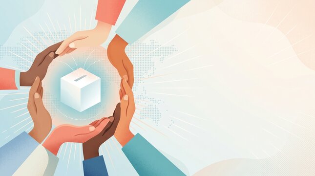 Diverse hands forming a circle around a ballot box, symbolizing unity and collective decision-making. The image evokes themes of democracy and community engagement