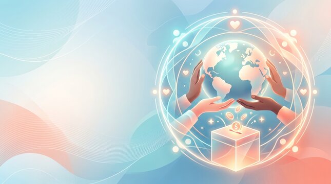 Hands holding the Earth in a sphere of light and connection, symbolizing global unity and care