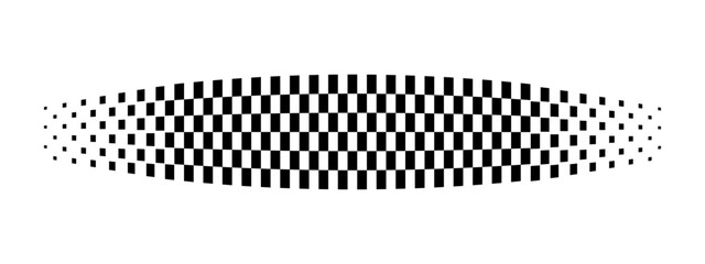 Checkered banner with vanishing effect. Distorted taxi or police car border. Convex race flag texture. Motocross or chess game competitions print. Start or finish concept. Vector graphic illustration © Andrii
