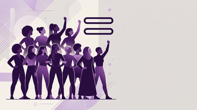 A diverse group of women standing together in solidarity, with a symbol of equality prominently displayed. Their raised fists signify strength and determination