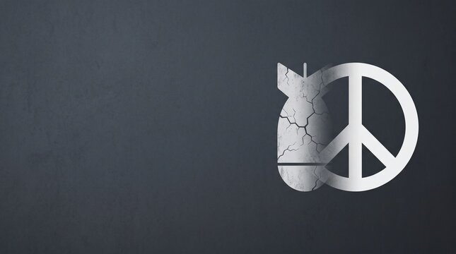 Symbol of peace merging with a cracked atomic bomb, representing the fragility of peace in a dangerous world