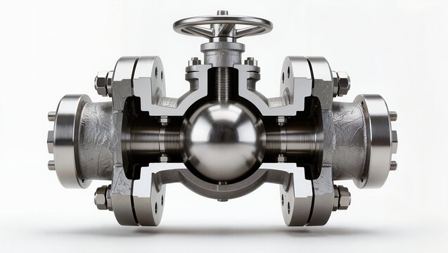 Trunnion ball valve split-body handwheel yoke cross-section, white background
