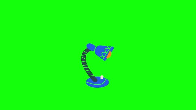 A playful blue desk lamp with flexible black neck, glowing orange bulb and white switch jumps energetically up and down on solid bright lime green background in vibrant cartoon vector style.