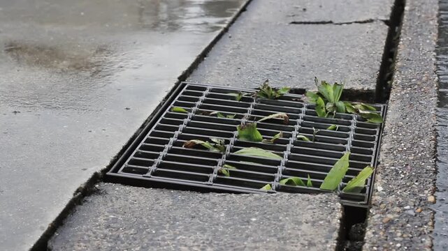 Plants growing out of drainage pipe in urban drainage system 