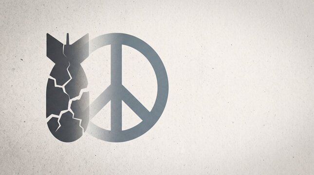 A cracked bomb next to a peace symbol, symbolizing the conflict between war and peace
