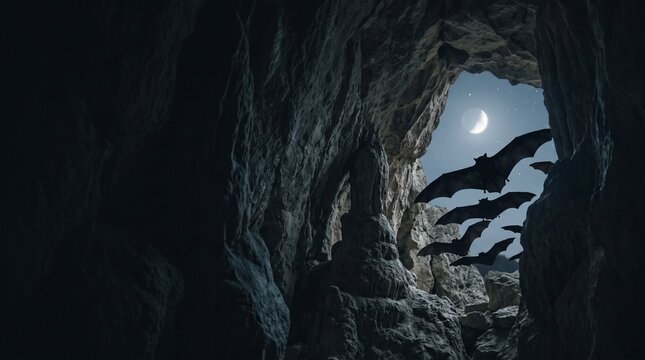 A swarm of bats emerging from a dark cave into a moonlit night sky. The crescent moon is visible in the dusky blue heavens, casting an eerie glow.