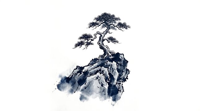 Asian Ink Wash Painting of Pine Tree on Mountain Cliff Isolated on White