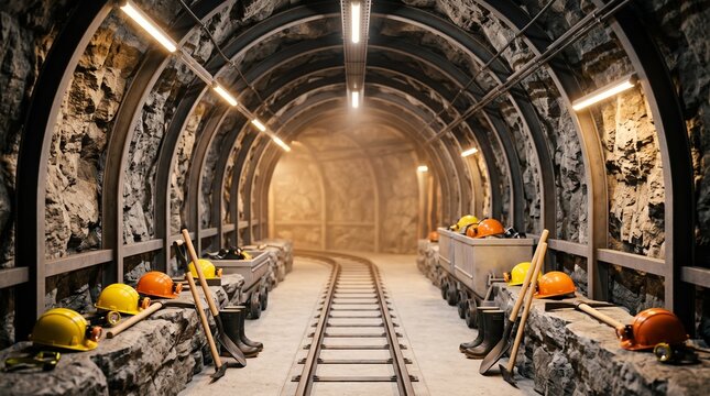 An eerie yet illuminated mine shaft with stone walls, wooden supports, and railway tracks leading into darkness. Hard hats and mining tools are neatly arranged.