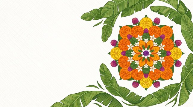 Intricate floral mandala artwork with vibrant orange marigolds and yellow flowers, framed by lush green banana leaves, against a textured white background
