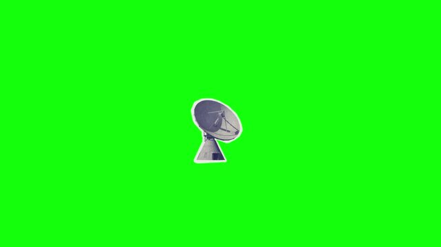 A modern gray satellite dish with white outline stands centered on solid bright lime green background in clean vector style, continuously emitting pulsing blue and white signal waves that expand out.