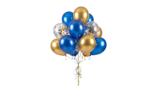 A festive bunch of blue and gold balloons with confetti for celebrations