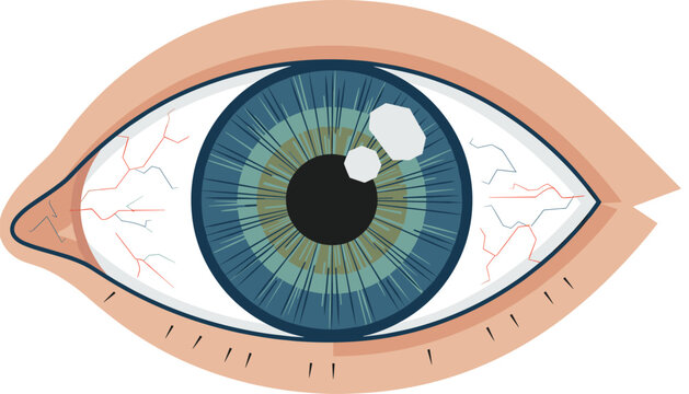Detailed close up illustration of bloodshot human eye showing red blood vessels, iris details, and pupil dilated.