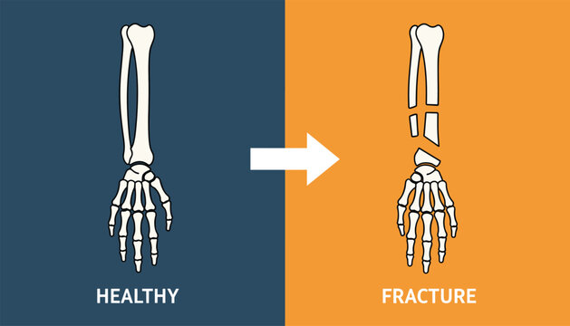 Human arm bone structure diagram comparing healthy bone structure with fractured arm bone on a contrasting background.
