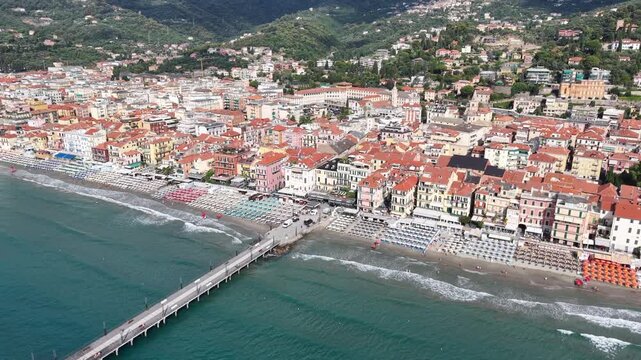 Drone view at the beach of Alessio on Liguria in Italy
