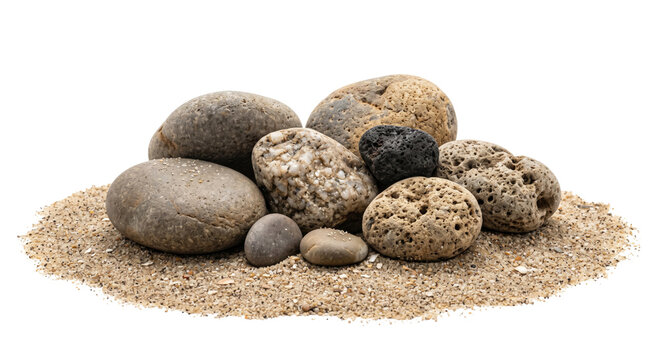 Assortment of smooth and porous stones resting on fine beach sand