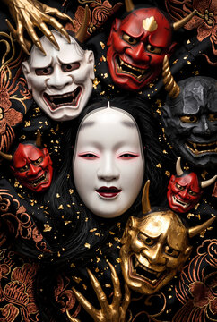 Generative AI illustration of a white Noh mask surrounded by red and gold Hannya demon masks on dark embroidered silk
